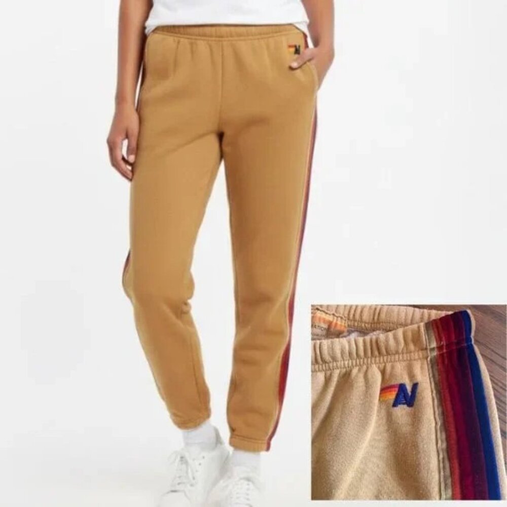 AVIATOR NATION 5 Stripe Sweatpants Joggers L Gold Khaki Velvet Retro Athleisure